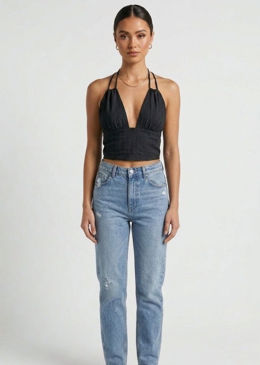 Women's Plunge Neck Halter Crop Top - Black