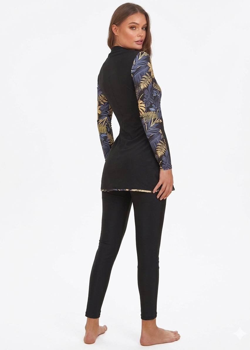 SHEIN Modest Floral Print Zip-Front Long Sleeve 3-Piece Swimwear Set