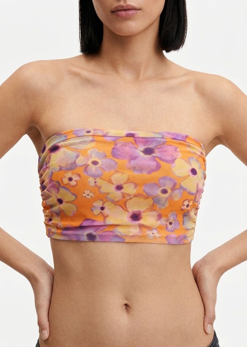 BERSHKA Floral Mesh Bandeau Tube Top