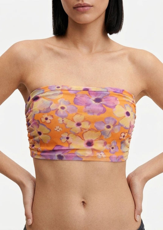 BERSHKA Floral Mesh Bandeau Tube Top