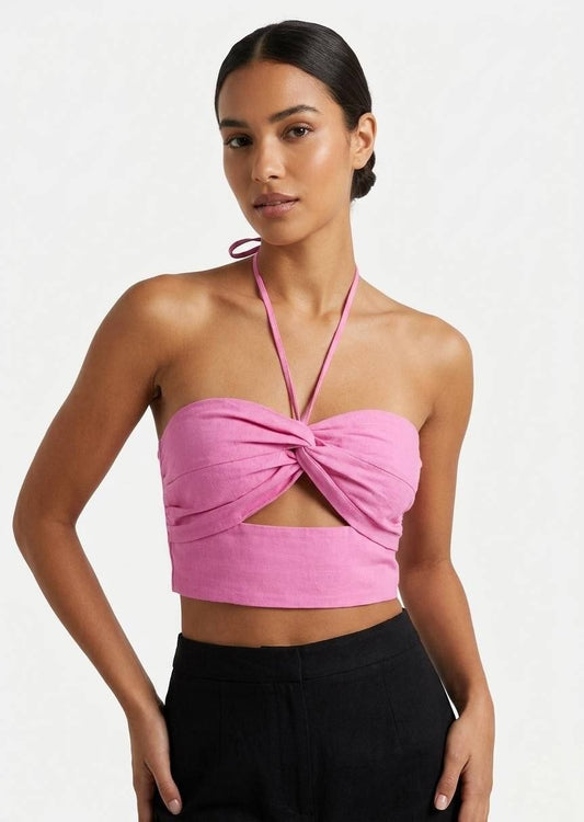 BERSHKA Linen Blend Halter Neck Twist Front Cut-Out Crop Top