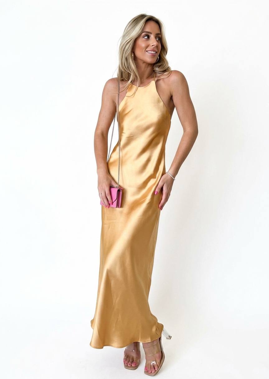 ZARA Golden Satin Backless Maxi Slip Dress