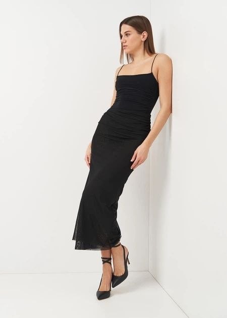 ZARA Sleek Black Ruched Mesh Midi Dress