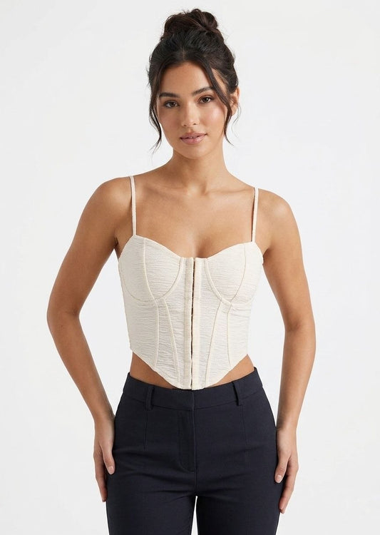 BERSHKA Textured Hook-and-Eye Corset Crop Top