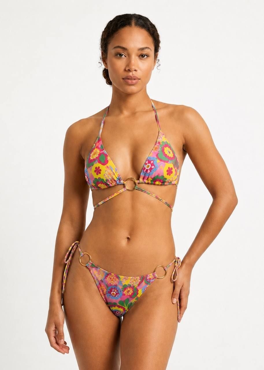 SHEIN Retro Floral Print Ring Detail Triangle Bikini Set