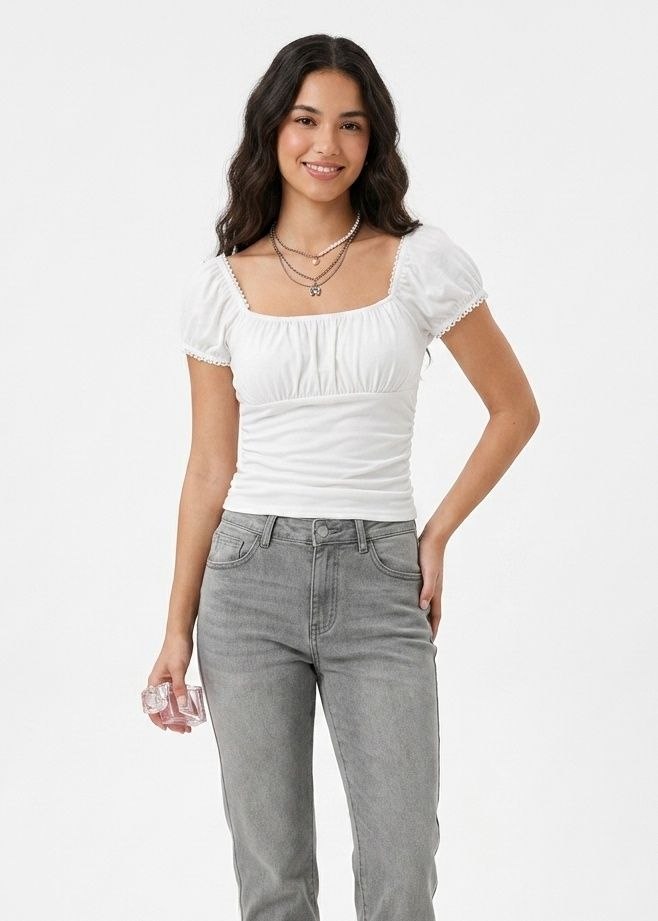 Casual French Elegant Lace Trim Pleated Short Sleeve Slim Fit Square Neck Puff Sleeve