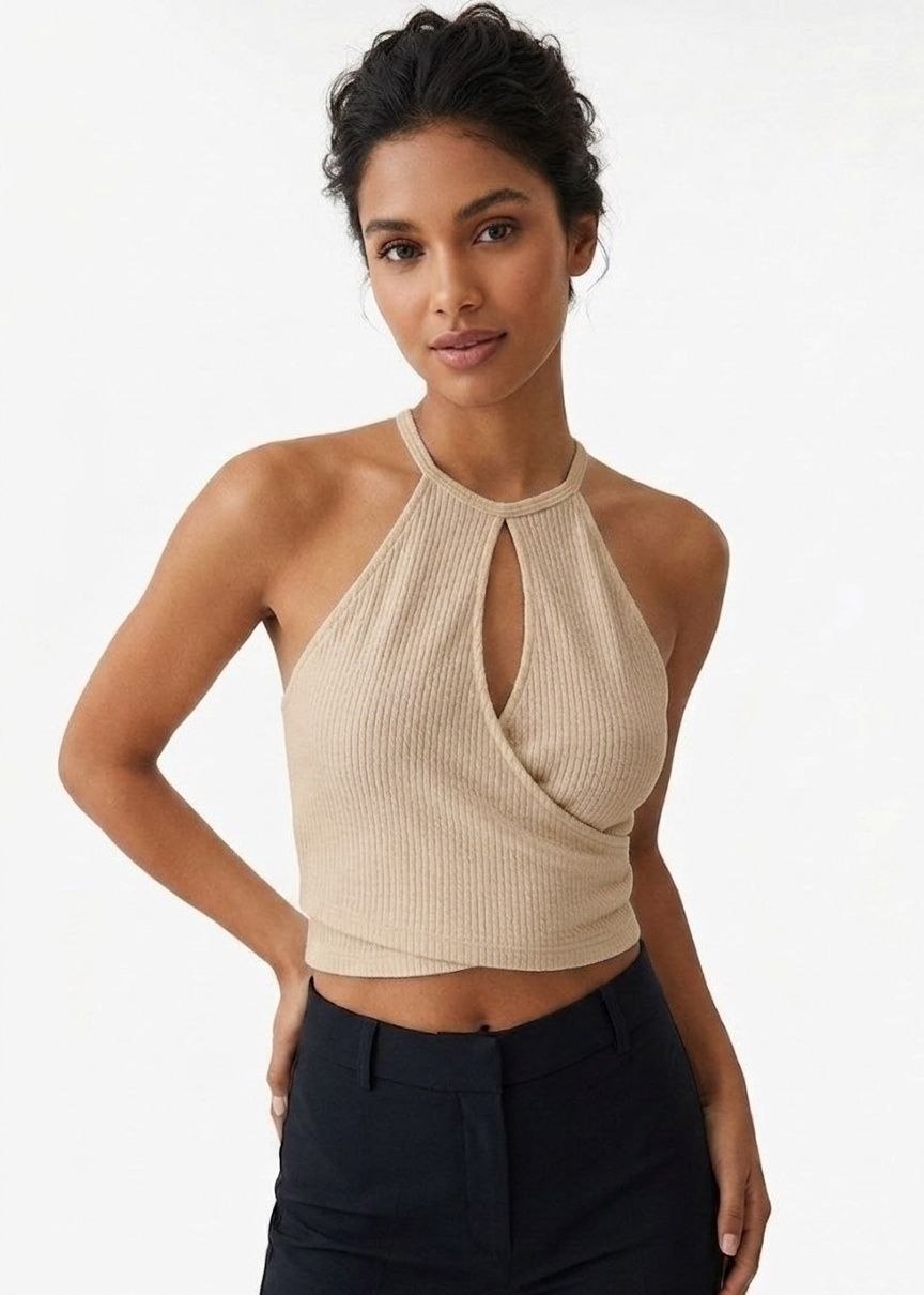 BERSHKA Women's Ribbed Halter Neck Wrap Crop Top - Beige