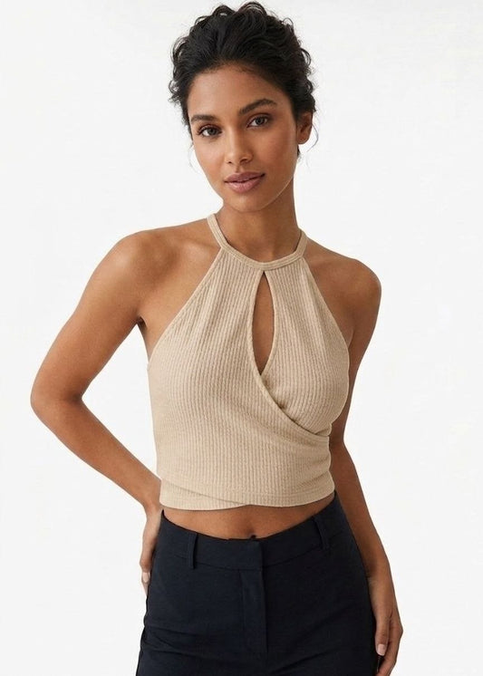 BERSHKA Women's Ribbed Halter Neck Wrap Crop Top - Beige