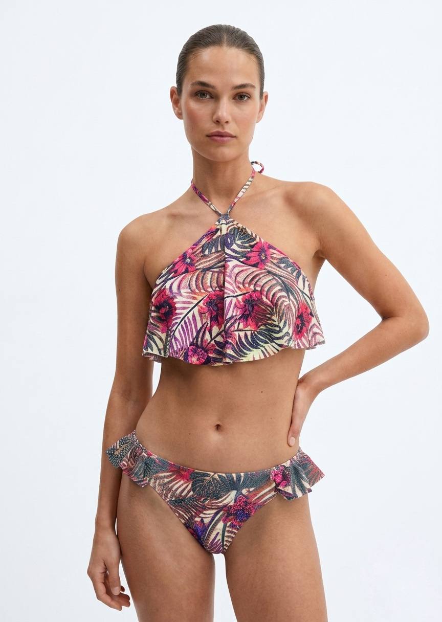 Women’s Tropical Print Halter Bikini Set with Ruffle Detail