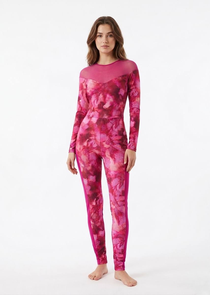 SHEIN Floral Print Long Sleeve Mesh Insert Jumpsuit Swimsuit