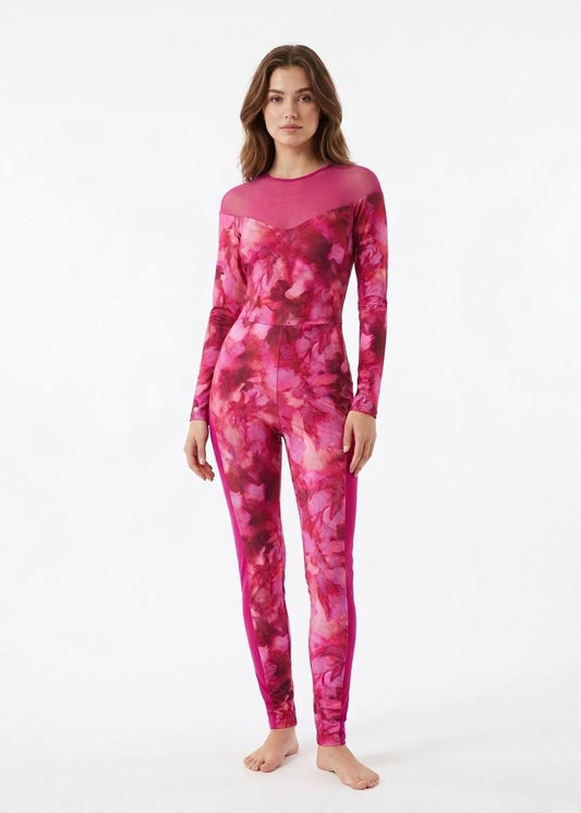 SHEIN Floral Print Long Sleeve Mesh Insert Jumpsuit Swimsuit