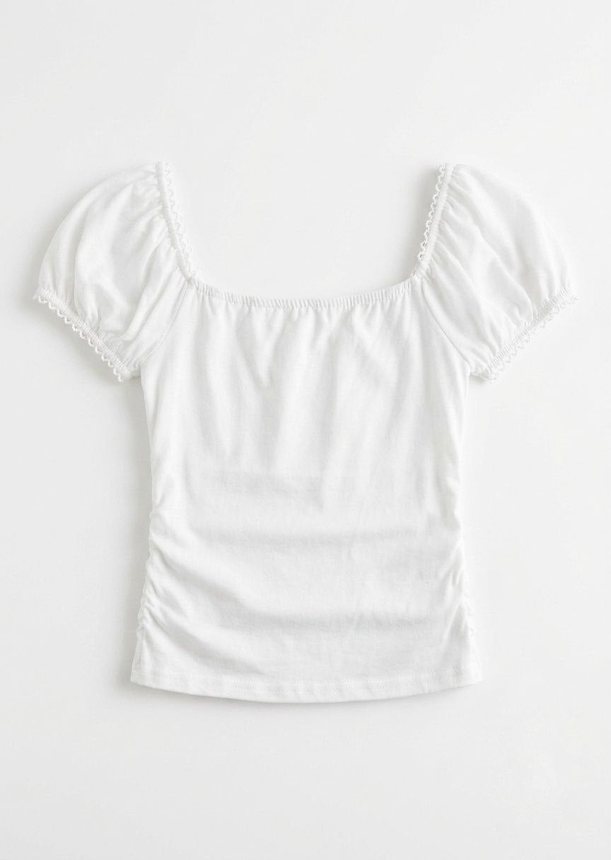 Casual French Elegant Lace Trim Pleated Short Sleeve Slim Fit Square Neck Puff Sleeve