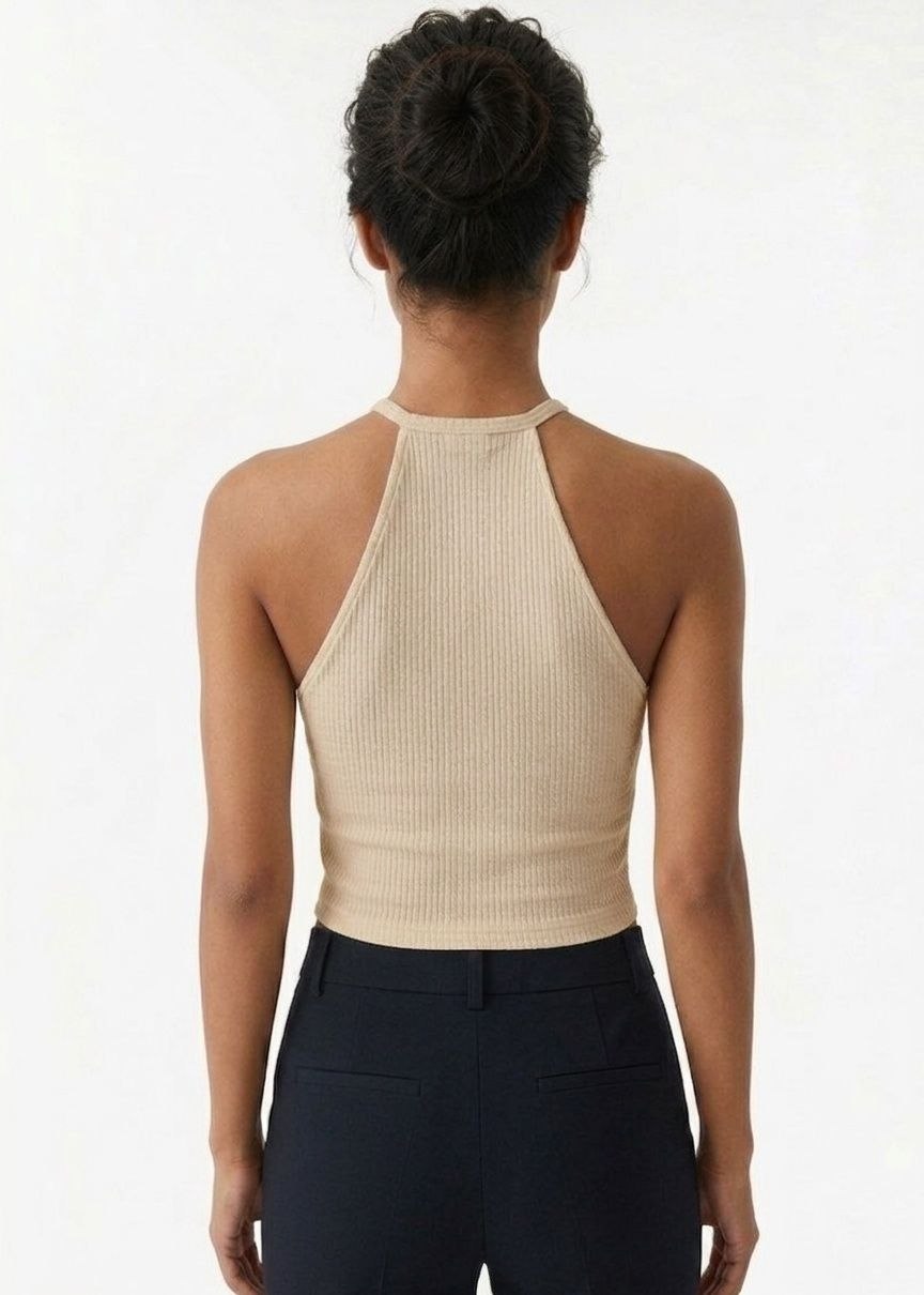 BERSHKA Women's Ribbed Halter Neck Wrap Crop Top - Beige