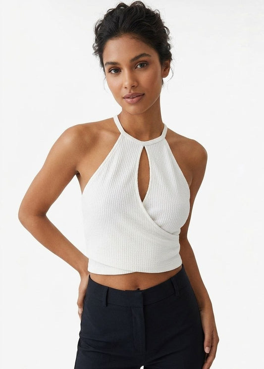 BERSHKA Ribbed Keyhole Halter Wrap Crop Top