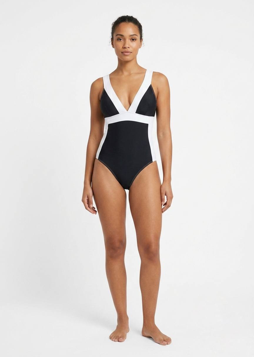 SHEIN Women’s Color-Block V-Neck One-Piece Swimsuit – Black and White