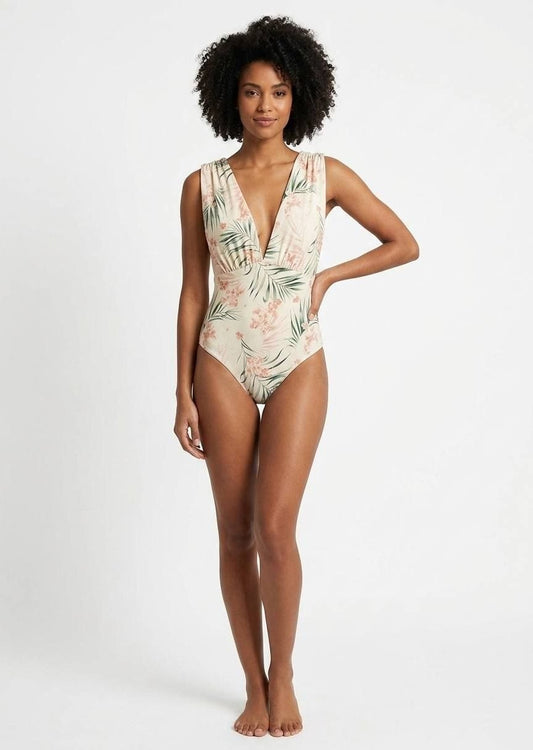 Plunge V-Neck Tropical Floral One-Piece Swimsuit