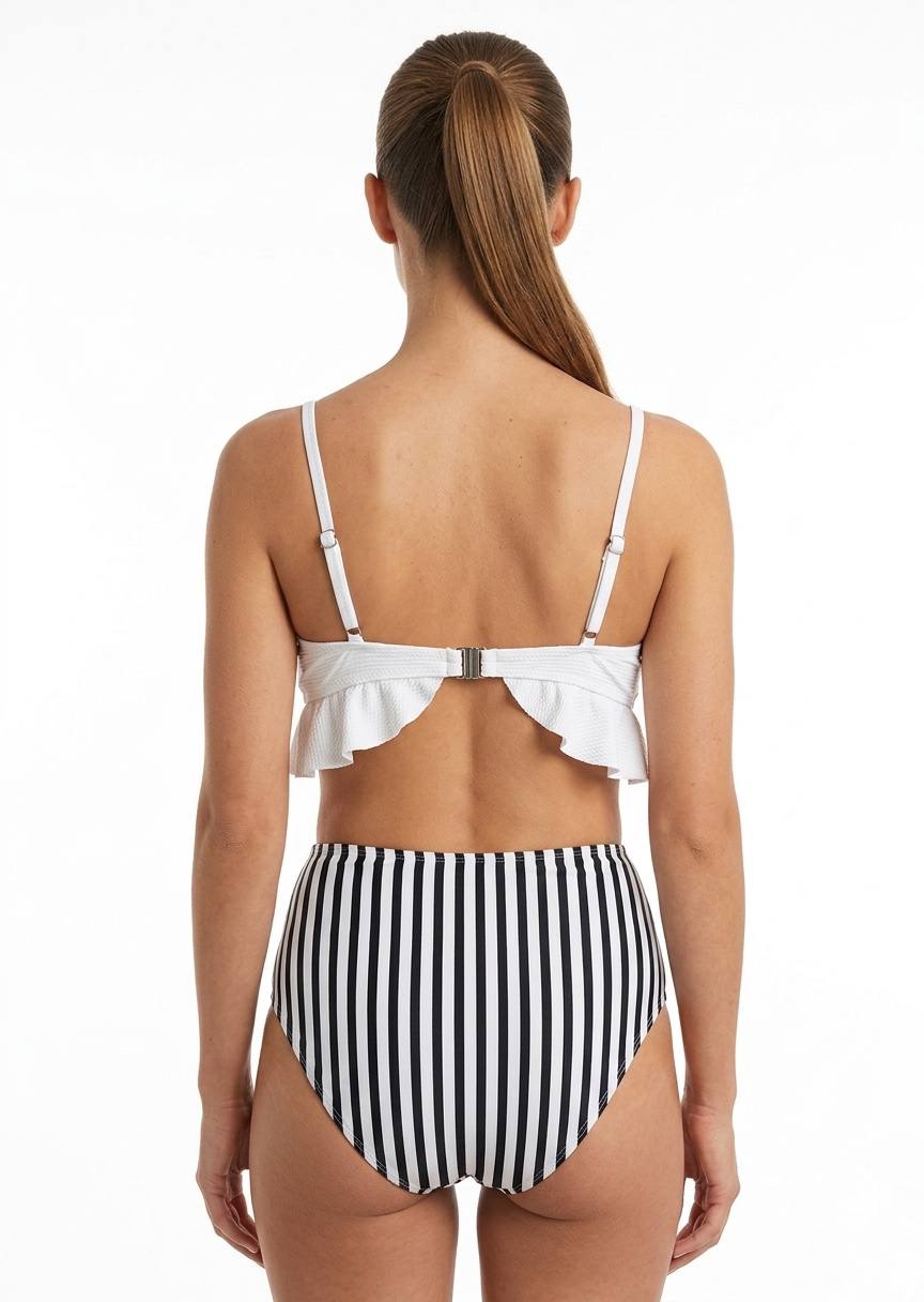 SHEIN White Ruffle Bikini Set with Striped High-Waisted Bottoms