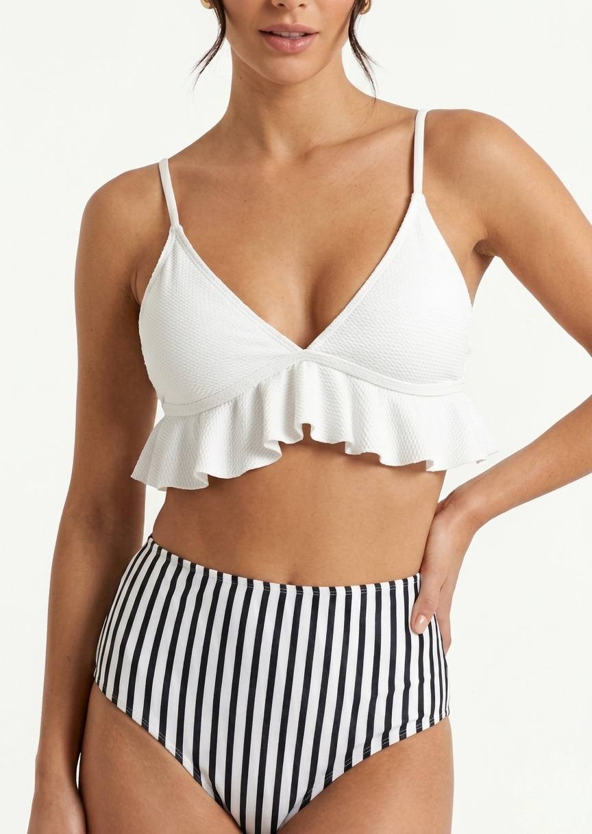 SHEIN White Ruffle Bikini Set with Striped High-Waisted Bottoms