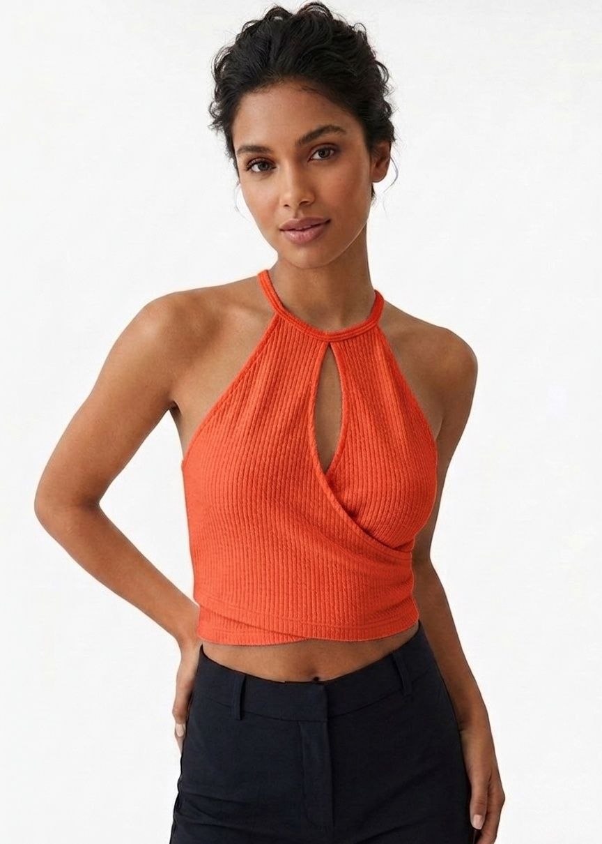 BERSHKA Women's Ribbed Halter Neck Wrap Crop Top - Orange