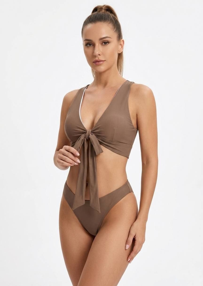 SHEIN Front-Tie V-Neck Bikini Set with Criss-Cross Back - Earthy Brown