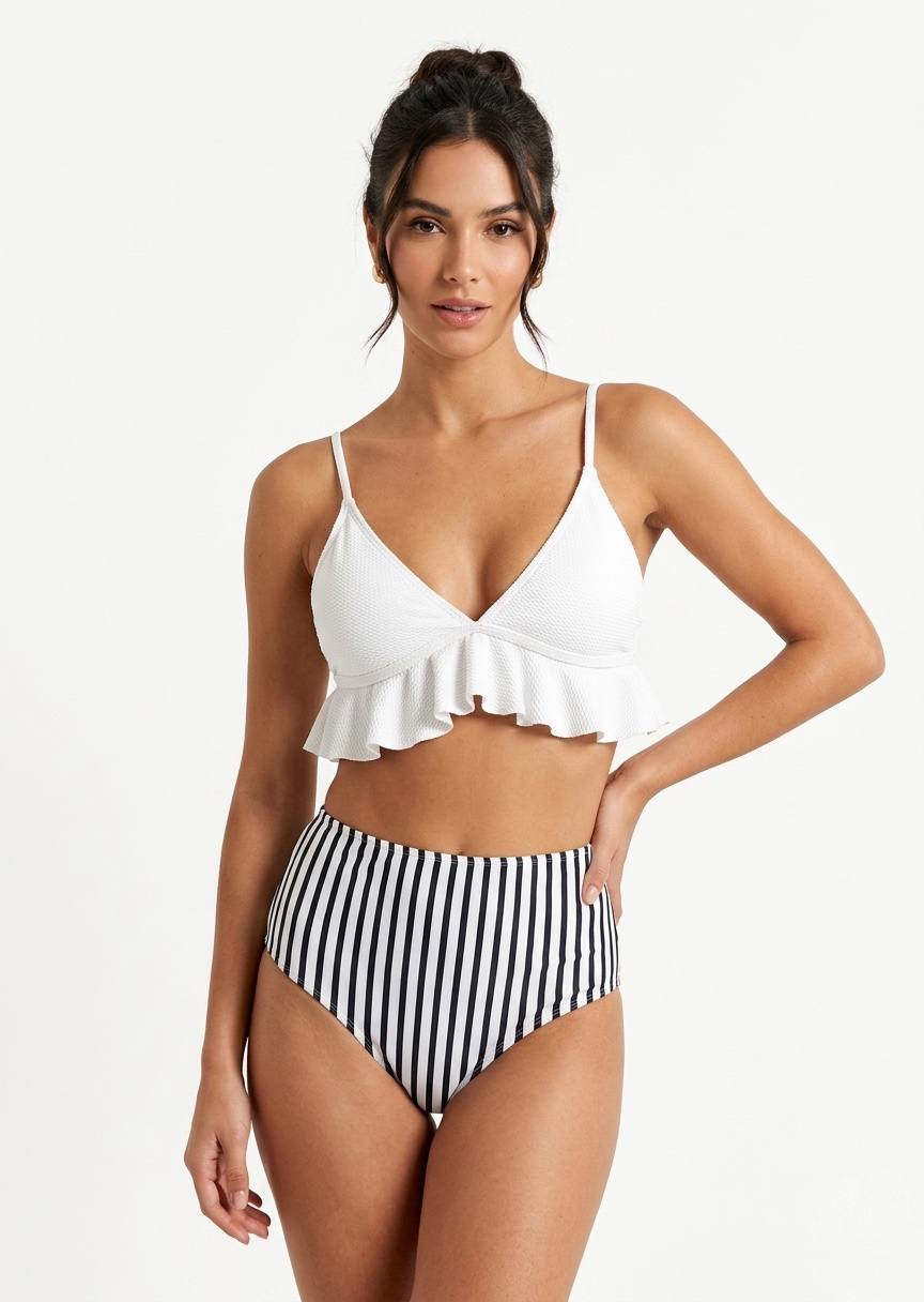 SHEIN White Ruffle Bikini Set with Striped High-Waisted Bottoms