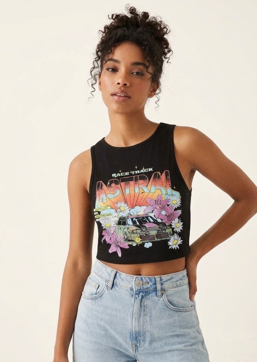 BERSHKA Women's Graphic Print Racerback Crop Top