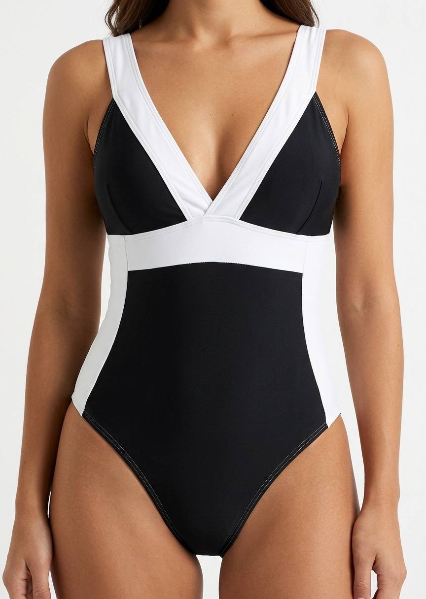 SHEIN Women’s Color-Block V-Neck One-Piece Swimsuit – Black and White