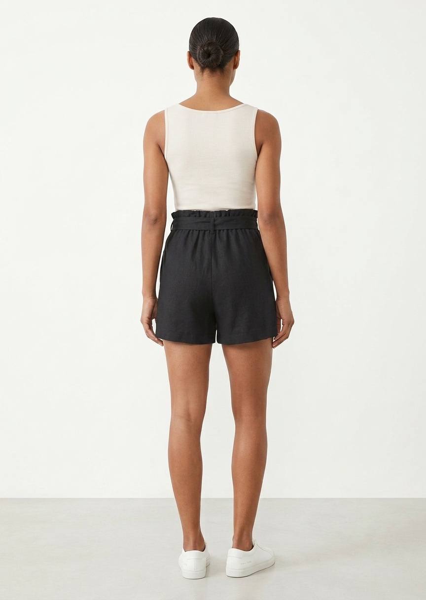 ESMARA Women's Paperbag Waist Linen-Blend Shorts - Black Summer Casual