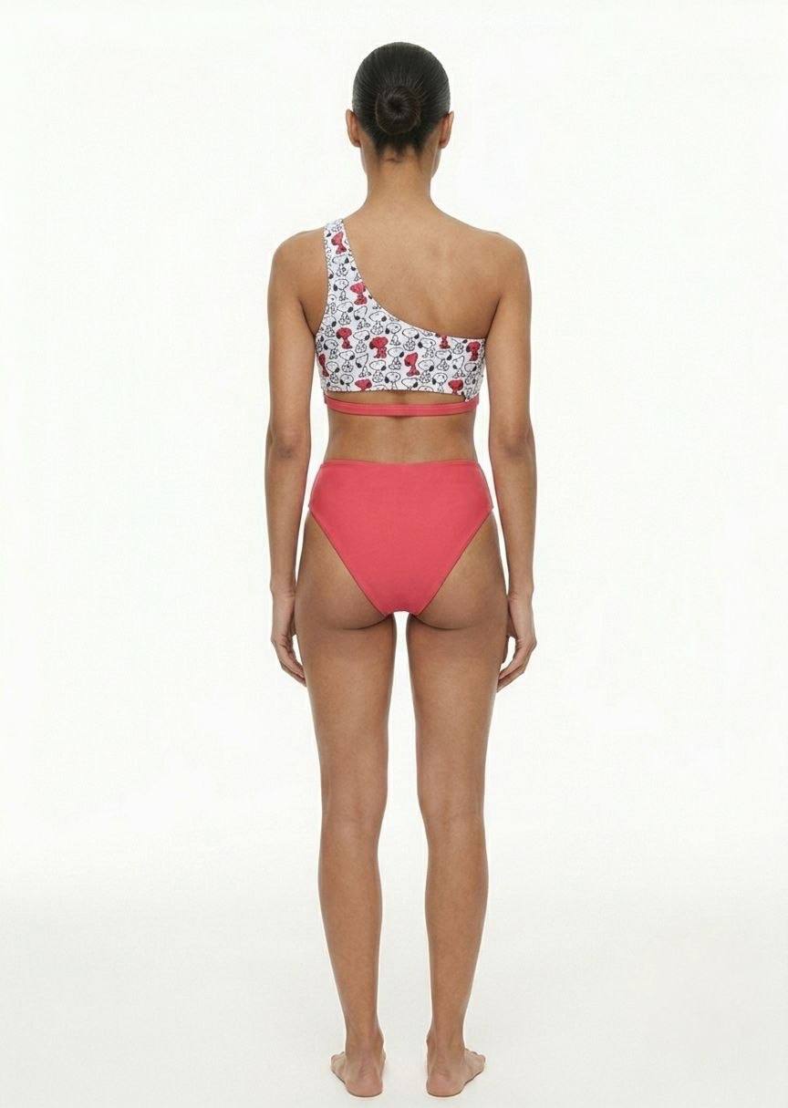 Snoopy Print One-Shoulder Bikini Set - High-Waisted