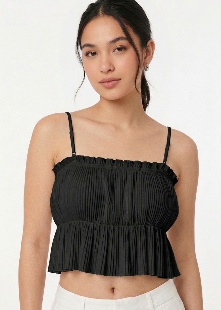 BERSHIKA Women's Pleated Ruffle Crop Top - Black