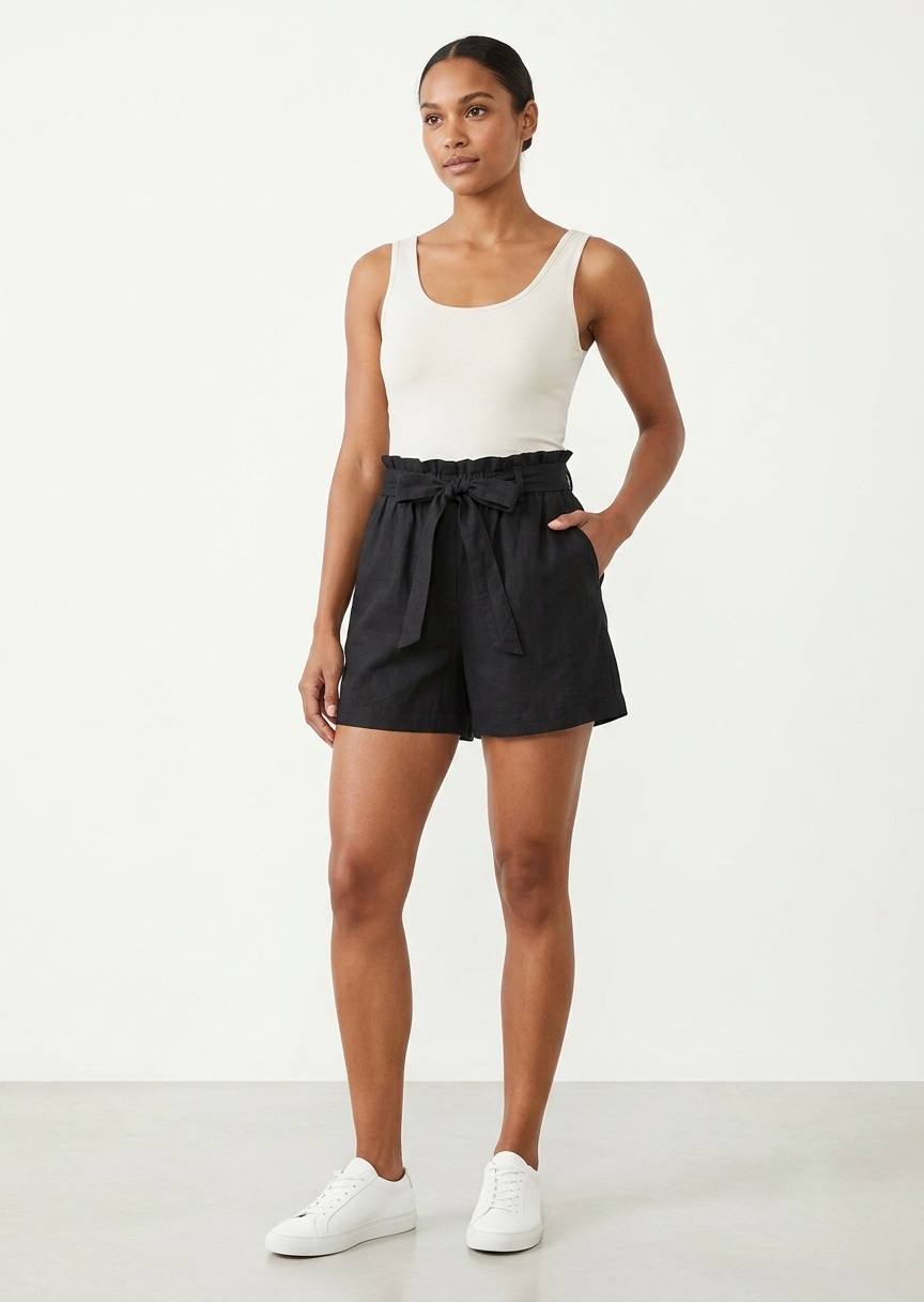 ESMARA Women's Paperbag Waist Linen-Blend Shorts - Black Summer Casual