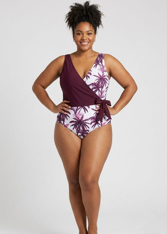 SHEIN Tropical Palm Print Wrap-Style One-Piece Swimsuit