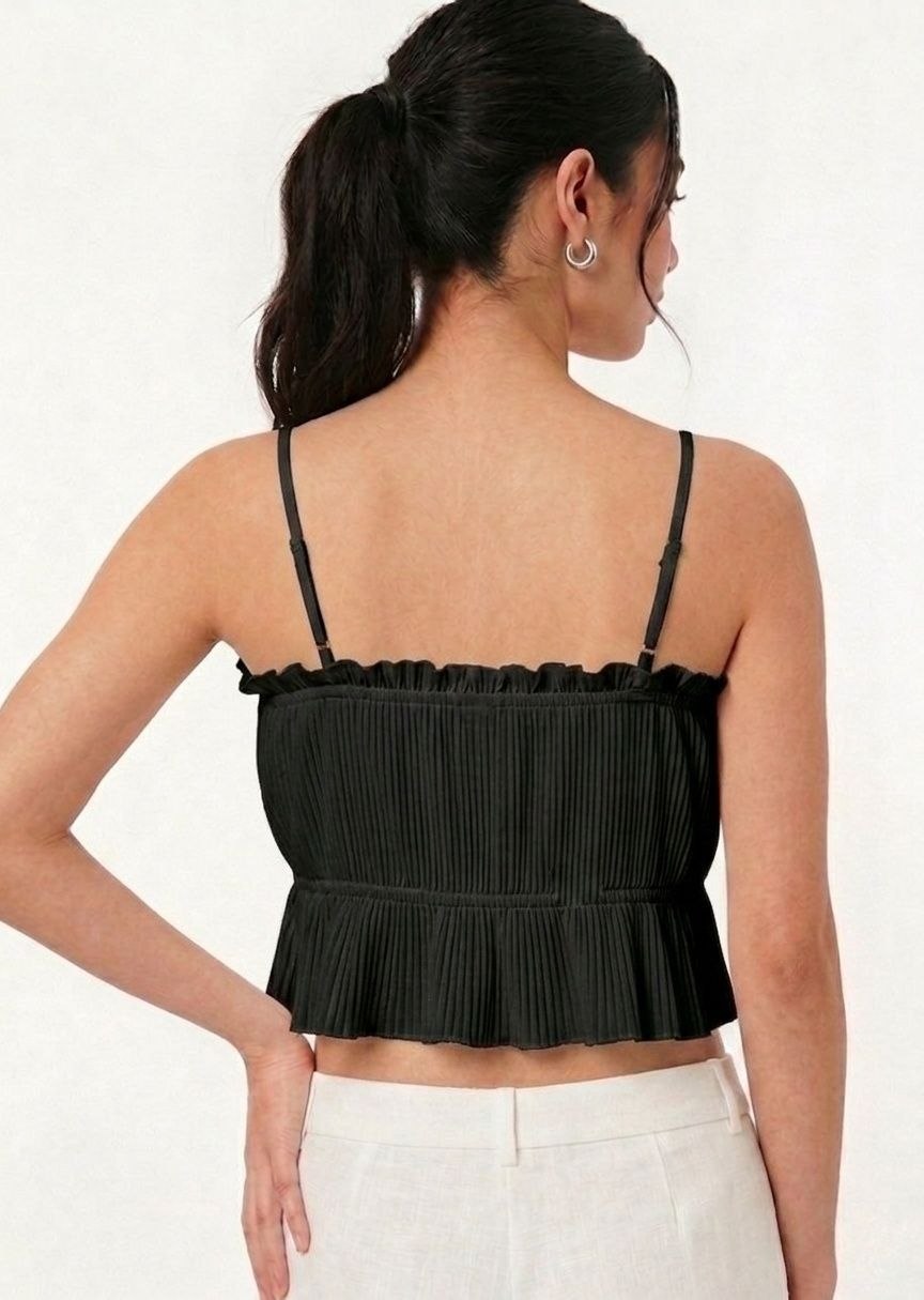 BERSHIKA Women's Pleated Ruffle Crop Top - Black