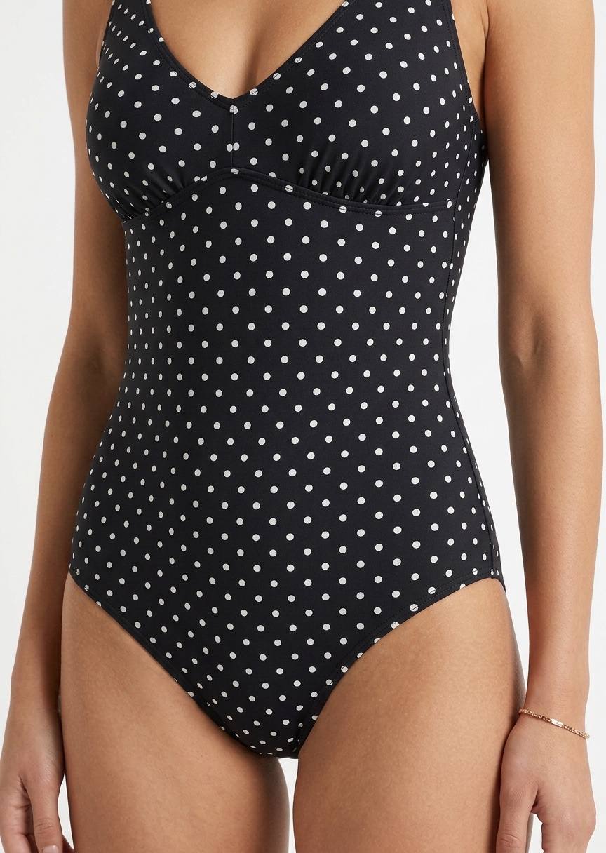 TU BRAND Women’s Polka Dot V-Neck One-Piece Swimsuit – Black and White