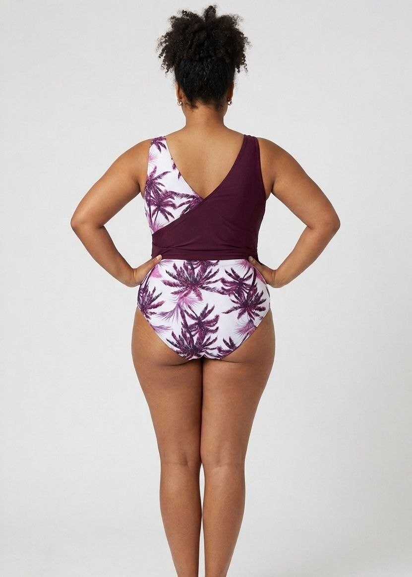 SHEIN Tropical Palm Print Wrap-Style One-Piece Swimsuit