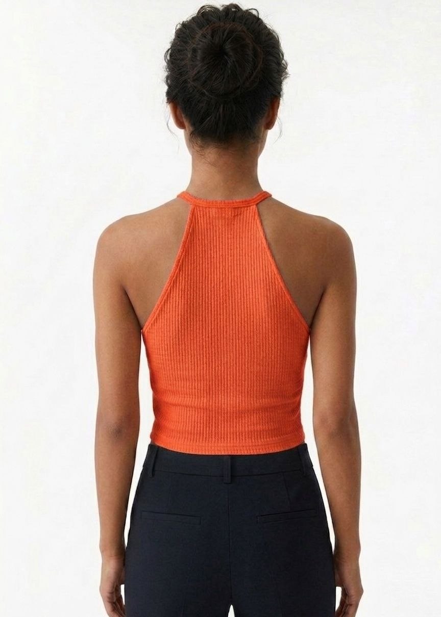 BERSHKA Women's Ribbed Halter Neck Wrap Crop Top - Orange