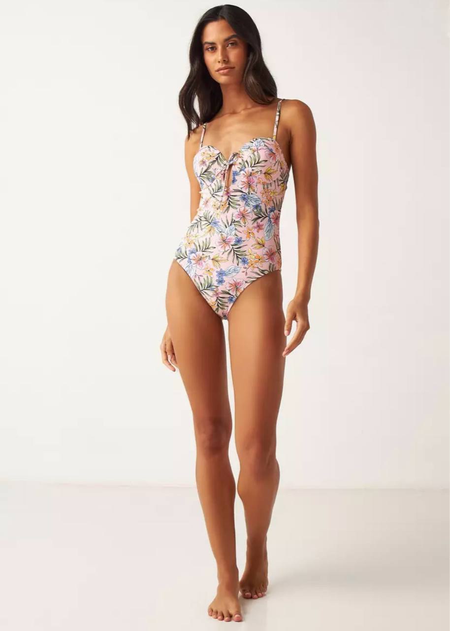 Floral Print Swimsuit with Sweetheart Neck and Tie Up Detail