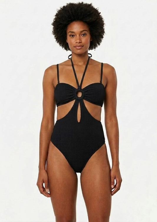 FASHION UNION SWIMWEAR  Ribbed O-Ring Cutout Halter One-Piece Swimsuit