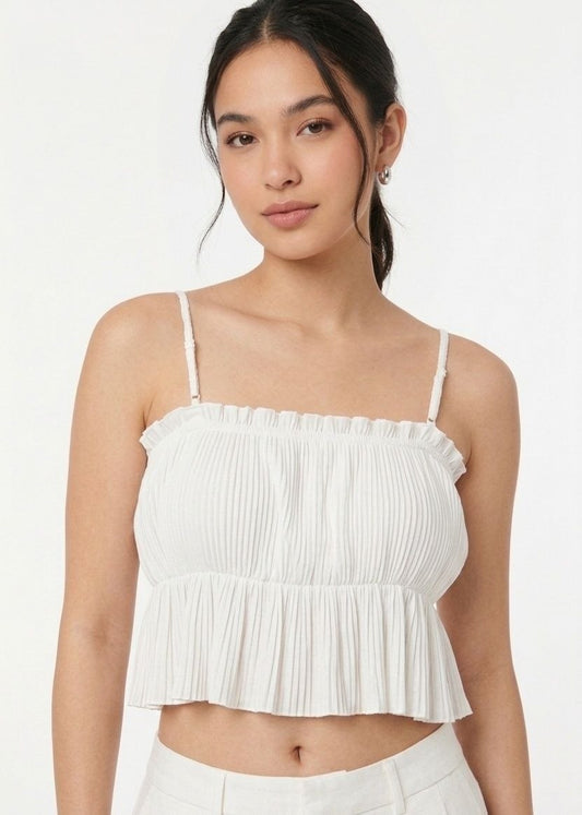 BERSHKA Pleated Ruffle Hem Cami Crop Top