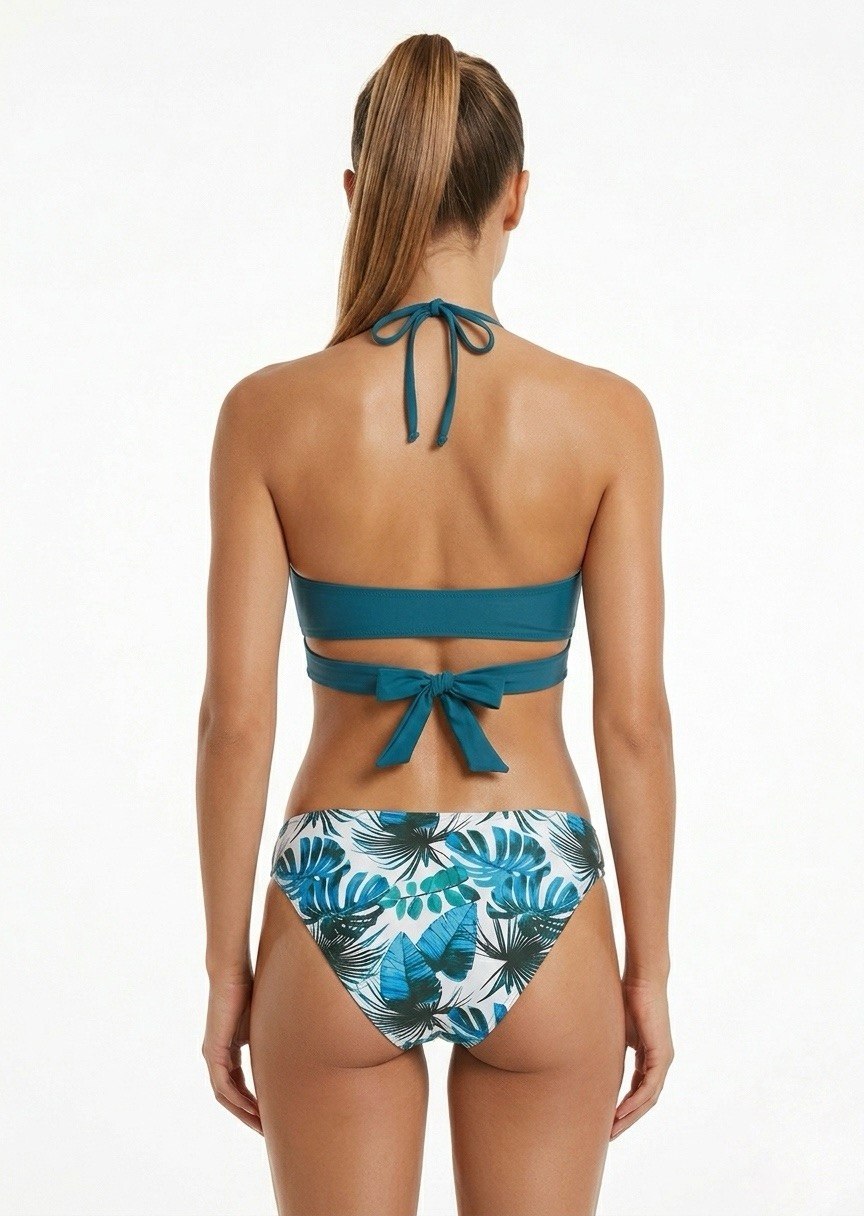 Criss-Cross Wrap Halter Bikini Set with Tropical Leaf Bottoms - Teal Blue