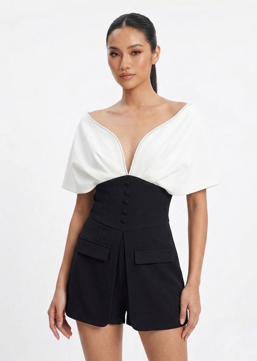 Women's Two-Tone Off-Shoulder Corset-Style Playsuit