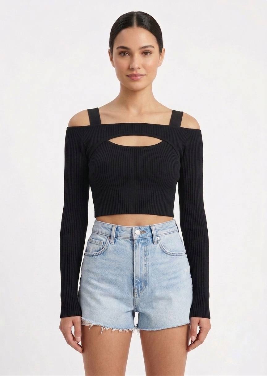 Ribbed Knit Off-Shoulder Sleeve Bolero