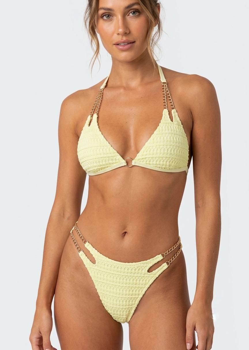 SHEIN Women’s Textured Bikini Set with Elegant Gold Chain Details – Pastel Yellow