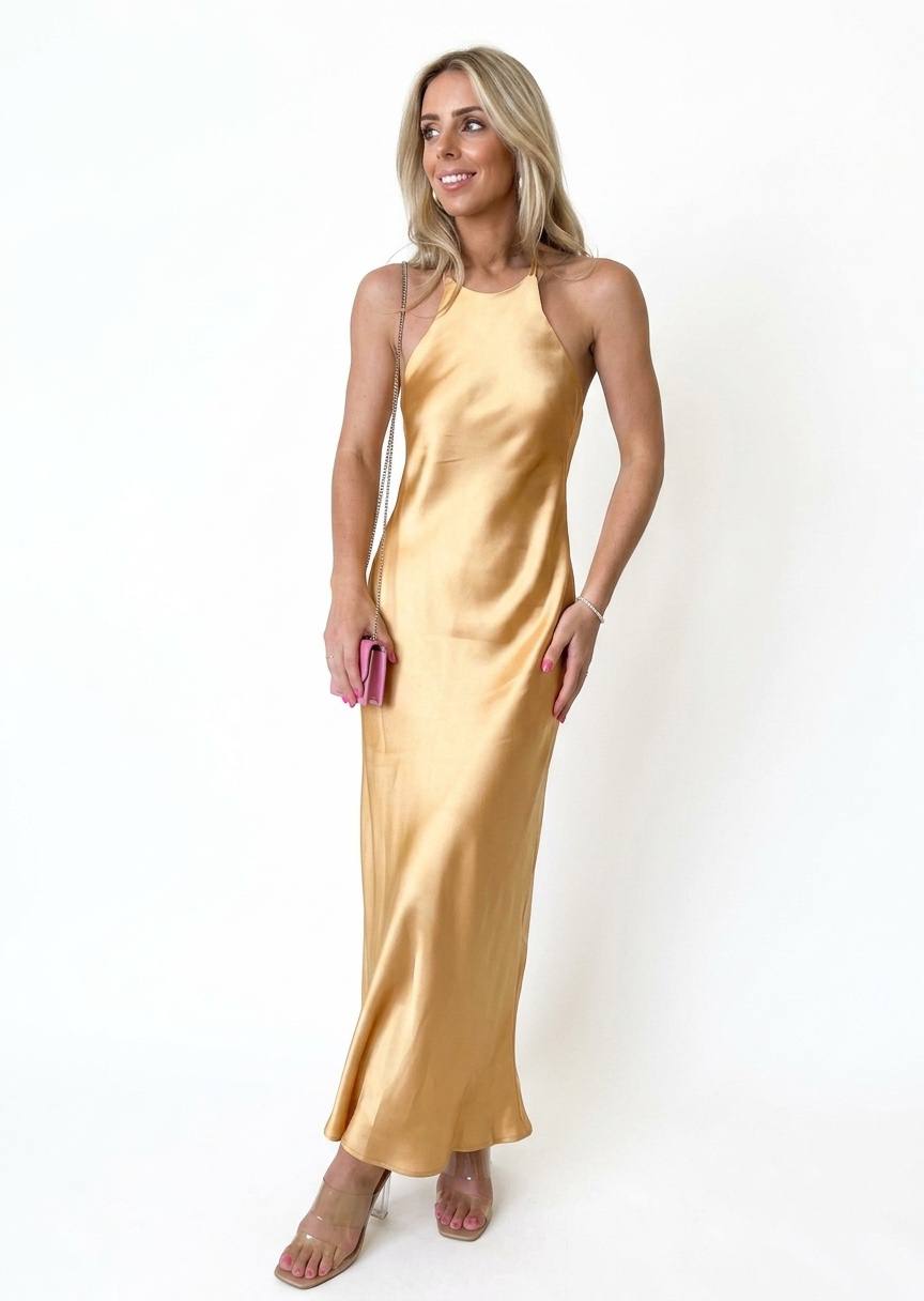 ZARA Golden Satin Backless Maxi Slip Dress