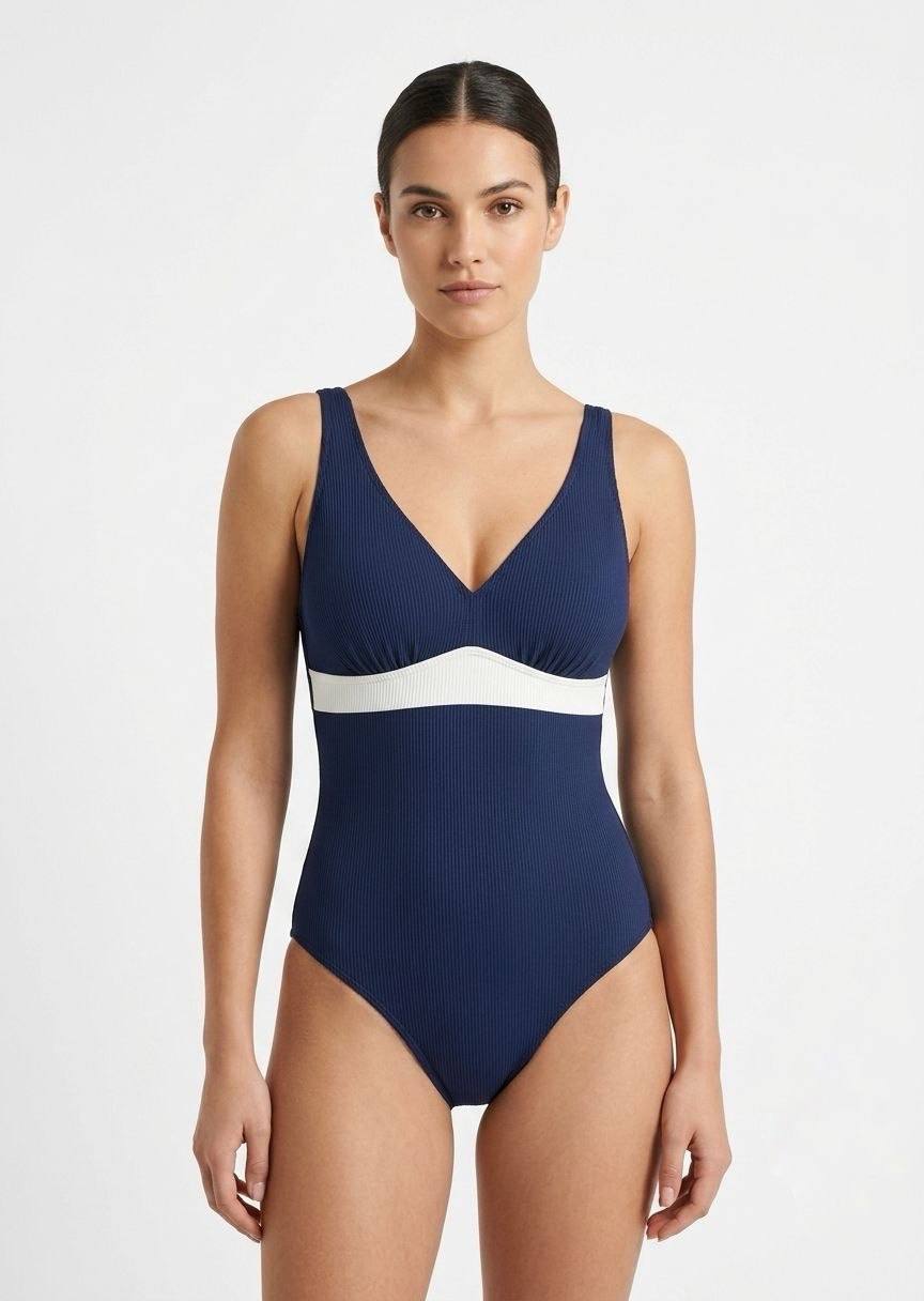 TU BRAND Navy Ribbed Color-Block One-Piece Swimsuit