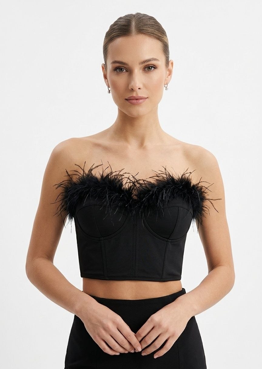 SHEIN Women's Feather-Trimmed Strapless Corset Top - Black
