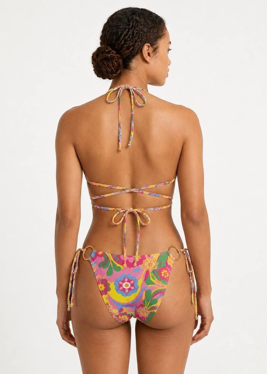 SHEIN Retro Floral Print Ring Detail Triangle Bikini Set