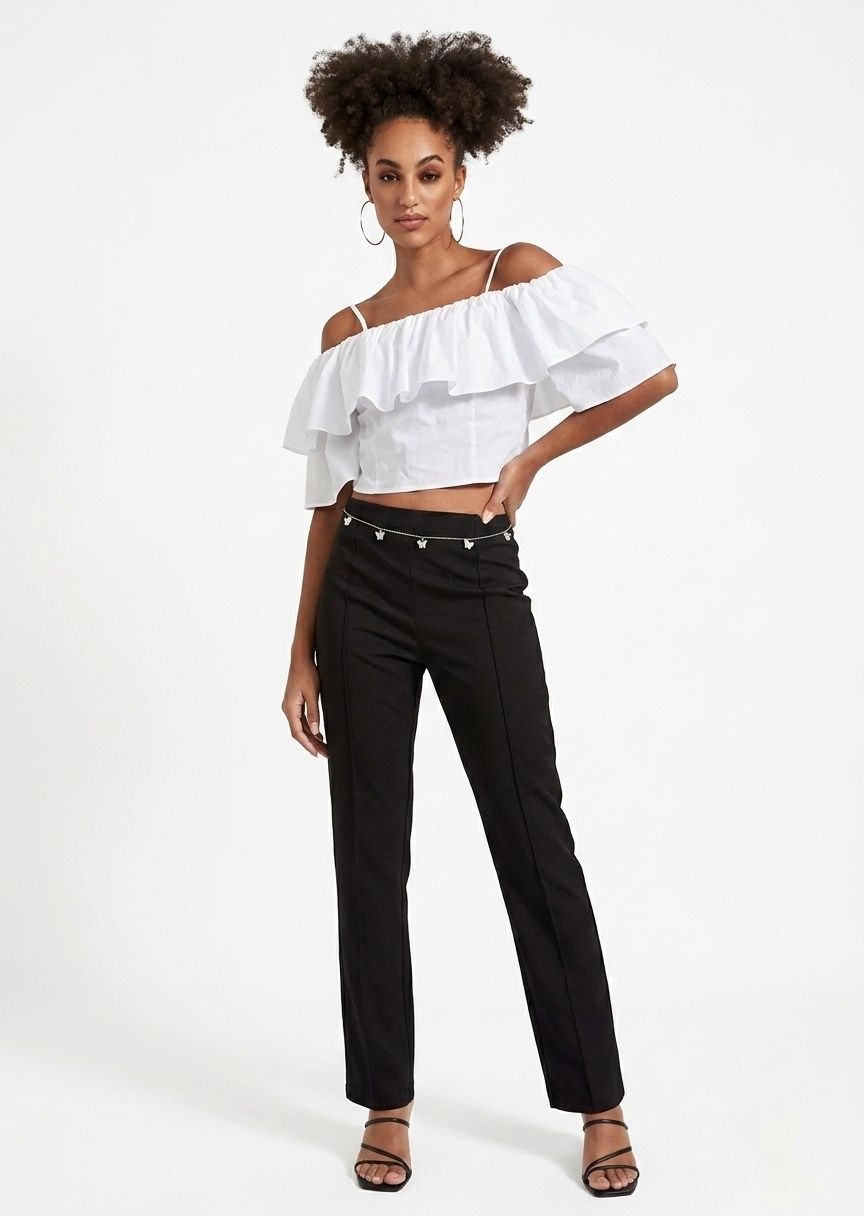 Textured Crop Top with Spaghetti Straps and Flounce Sleeves