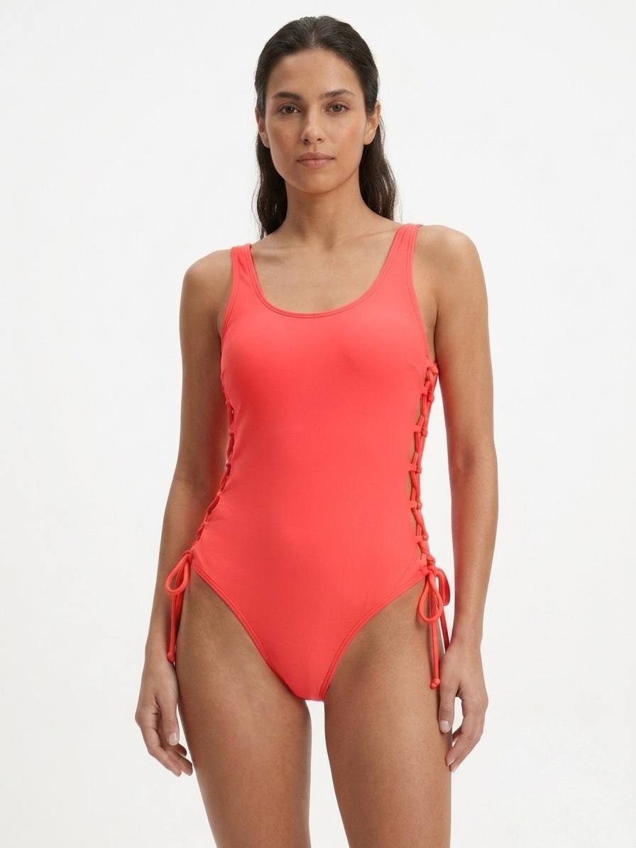 Women’s Coral One-Piece Swimsuit with Side Lace-Up Detail