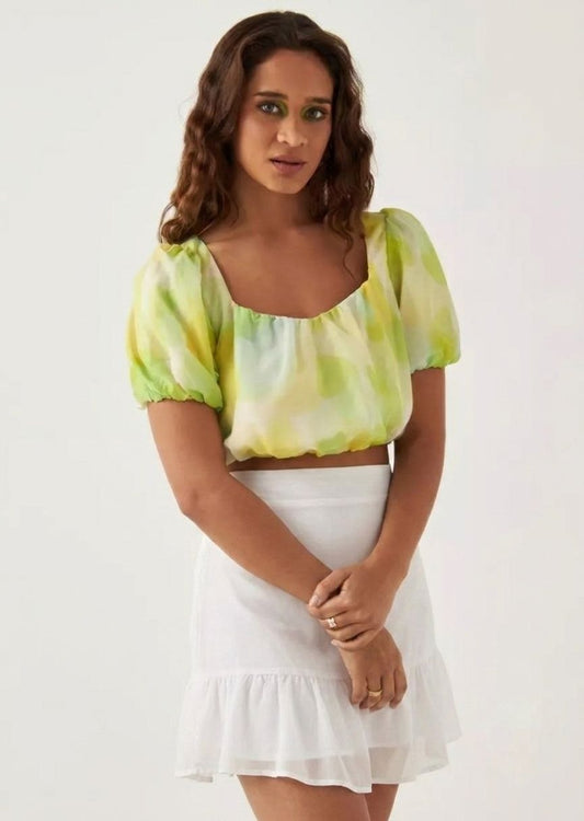 All-Over Print Crop Top with Volume Sleeves